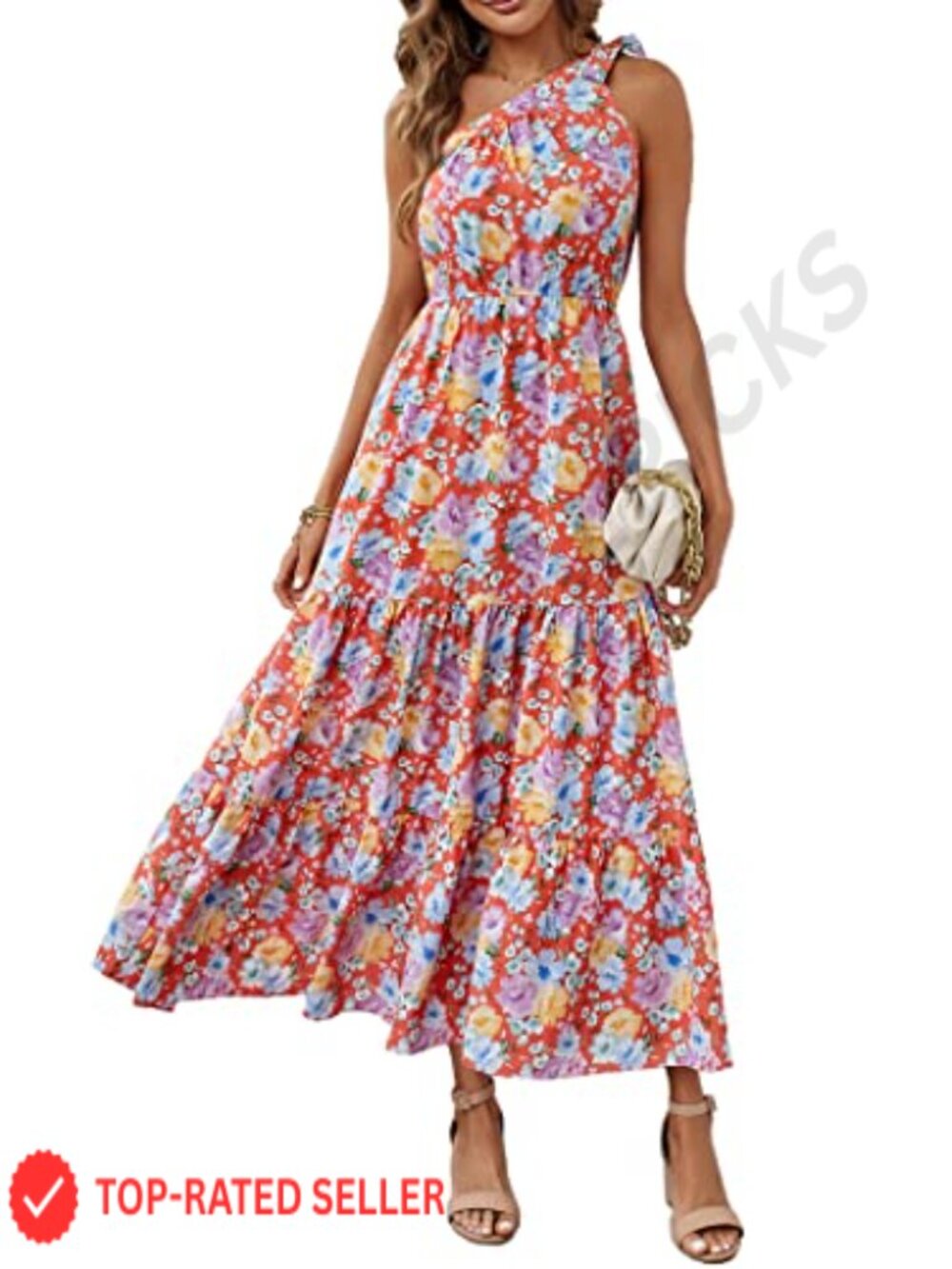Boho Floral Maxi Dress One Shoulder Sleeveless Tiered A-Line Flow Summer